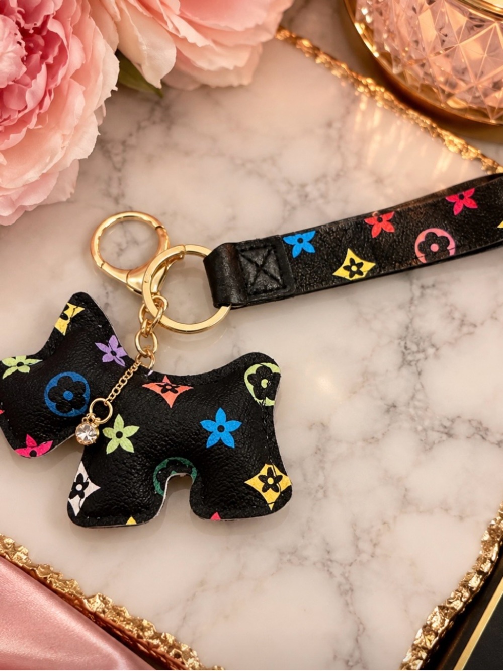 Black Multicolor Dog Charm Wristlet Keychain